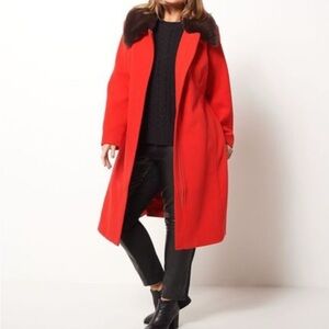 Vibrant Red Jason Wu Midi Length Winter Coat Fur Brown Collar Belted Size XS